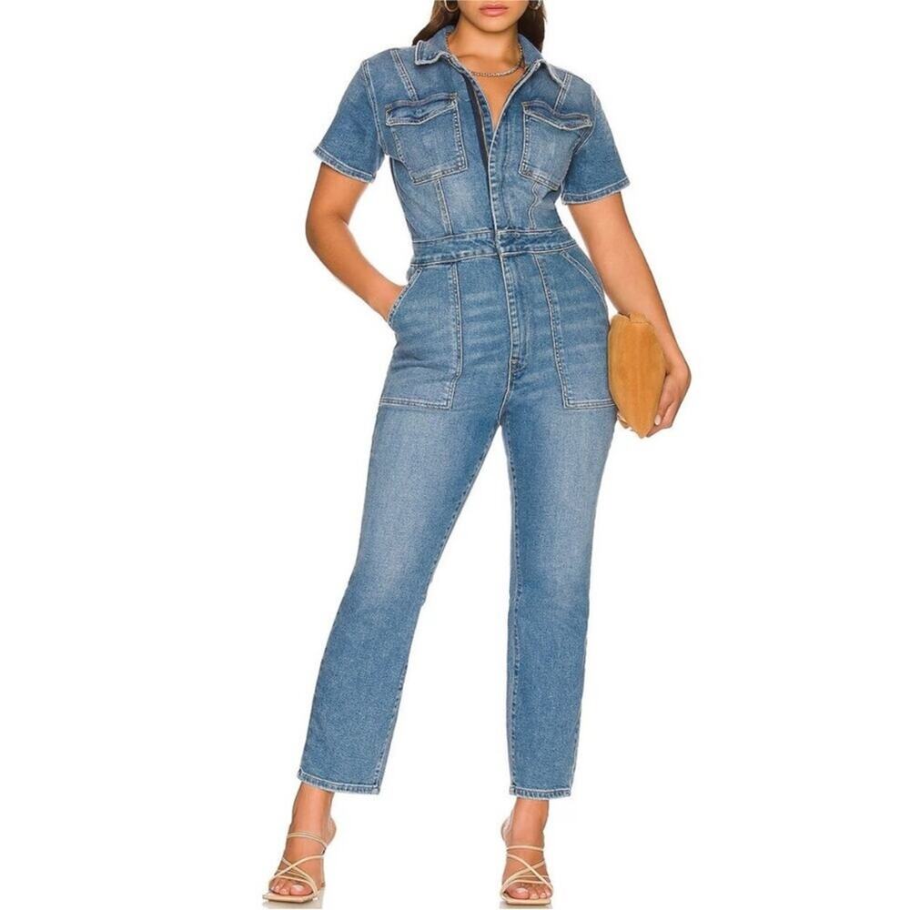 NEW GOOD AMERICAN Blue Denim Jean Short Sleeve Straight Leg $218 Jumpsuit M